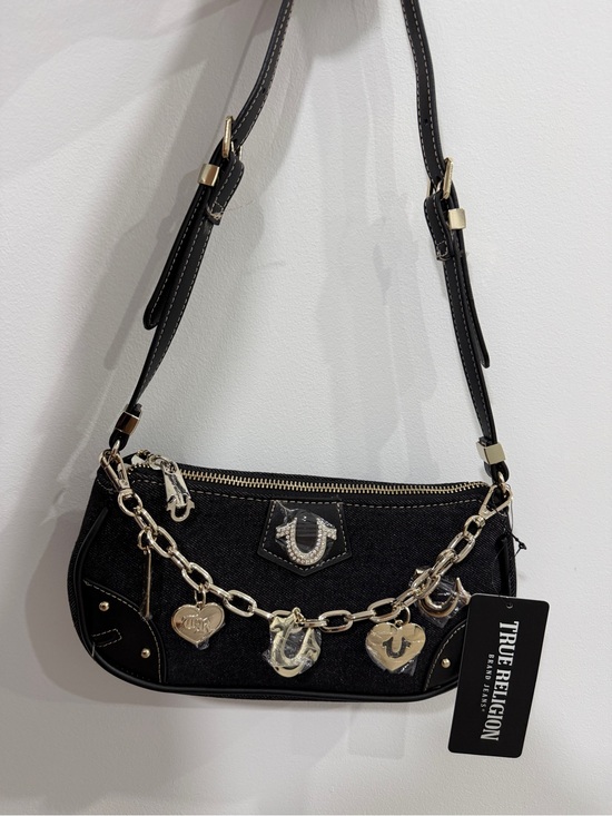True Religion Handbags - True Religion Black Shoulder Bag with Heart Charm Chain